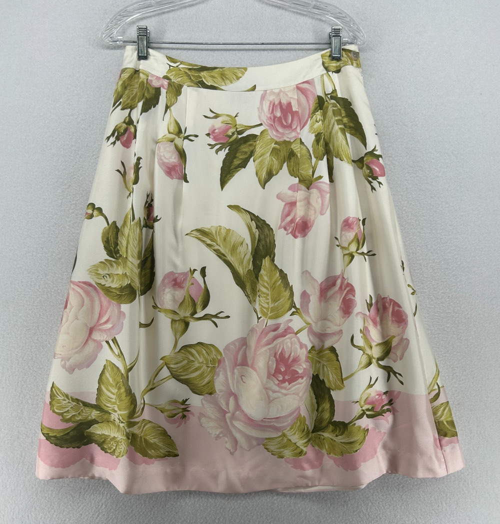 BROOKS BROTHERS Skirt 8 Silk Twill Floral Pleated A-Line Knee Length Pink